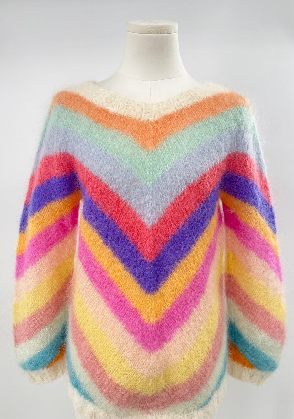 Rose Carmine Mohair Sweater Chevron Stripe Pastel Rainbow Handmade Knit S